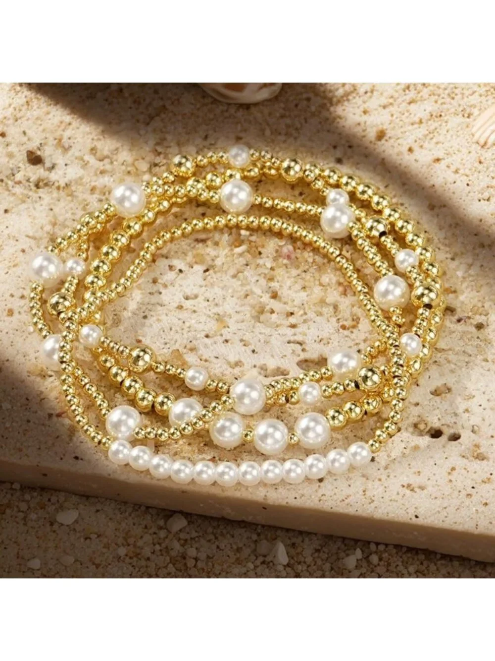 Trendy 14K Gold Plated Pearl Beaded Stackable Bracelets Set for Women